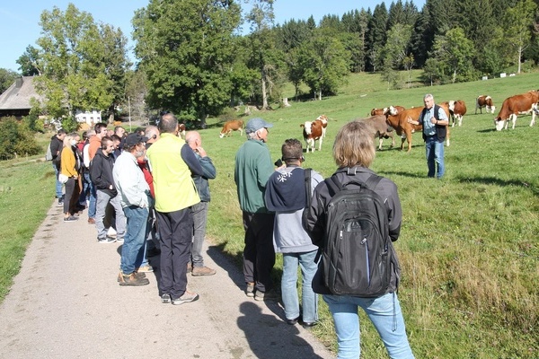 Der Zuchtleiter Dr. Franz Maus (r.) erlutert der Exkursionsgruppe die Vorzge der Vorderwlderrinder auf dem Hierahof in Lenzkirch-Saig.  Naturpark Sdschwarzwald